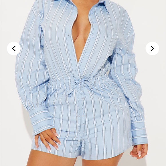 NWT FASHION NOVA WORKFLOW POPLIN LONG SLEEVE ROMPER STRIPED LIGHT BLUE - Picture 2 of 6